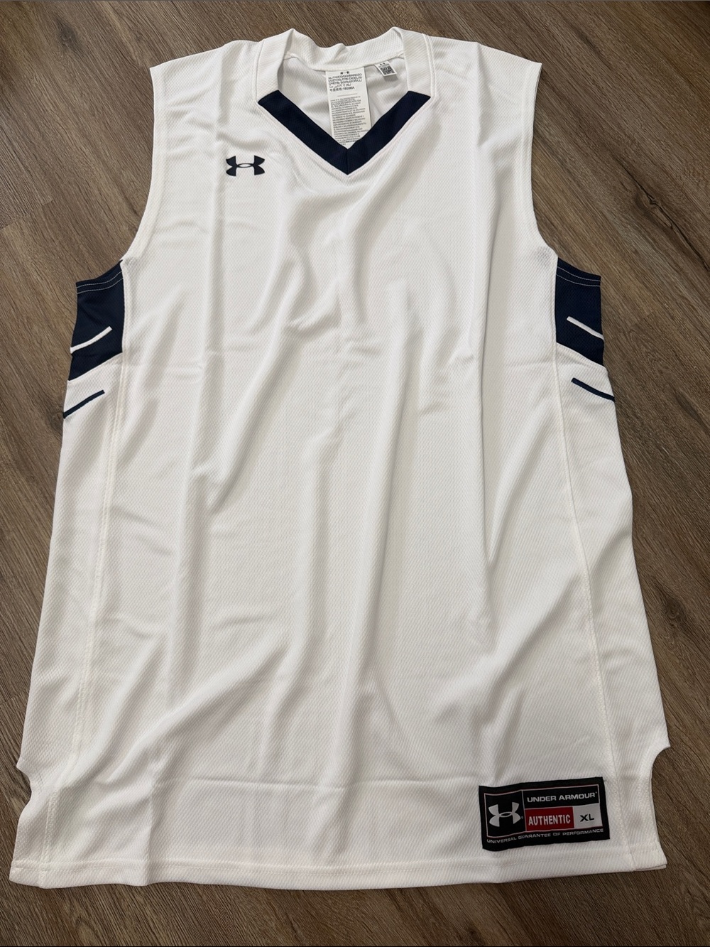 Under Armour White and Navy Sleeveless Basketball Jersey
